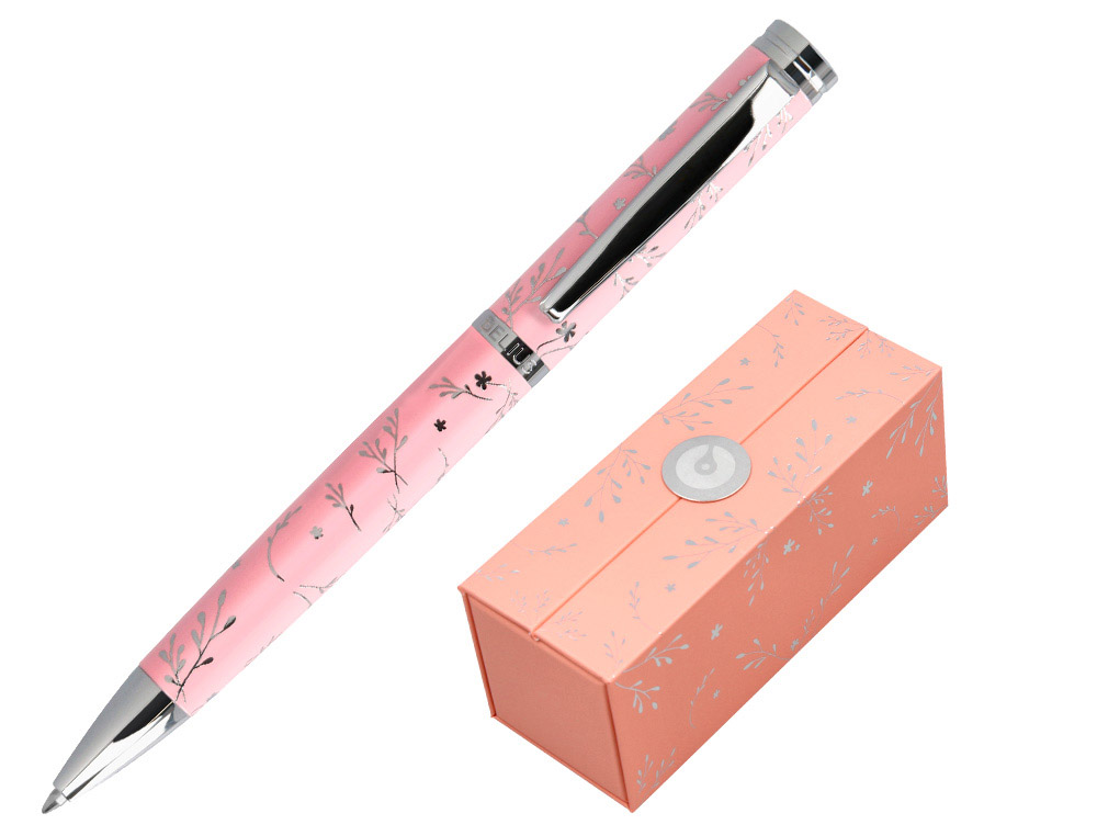 BOLIGRAFO BELIUS BELLA ALUMINIO COLOR ROSA DISEÑO PLATEADO RELIEVE TINTA AZUL CAJA DE DISEÑO
