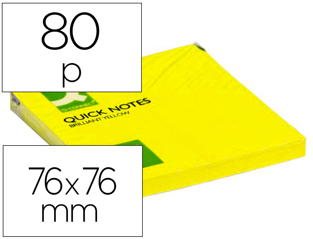 BLOC DE NOTAS ADHESIVAS QUITA Y PON Q-CONNECT 76X76 MM AMARILLO NEON 80 HOJAS