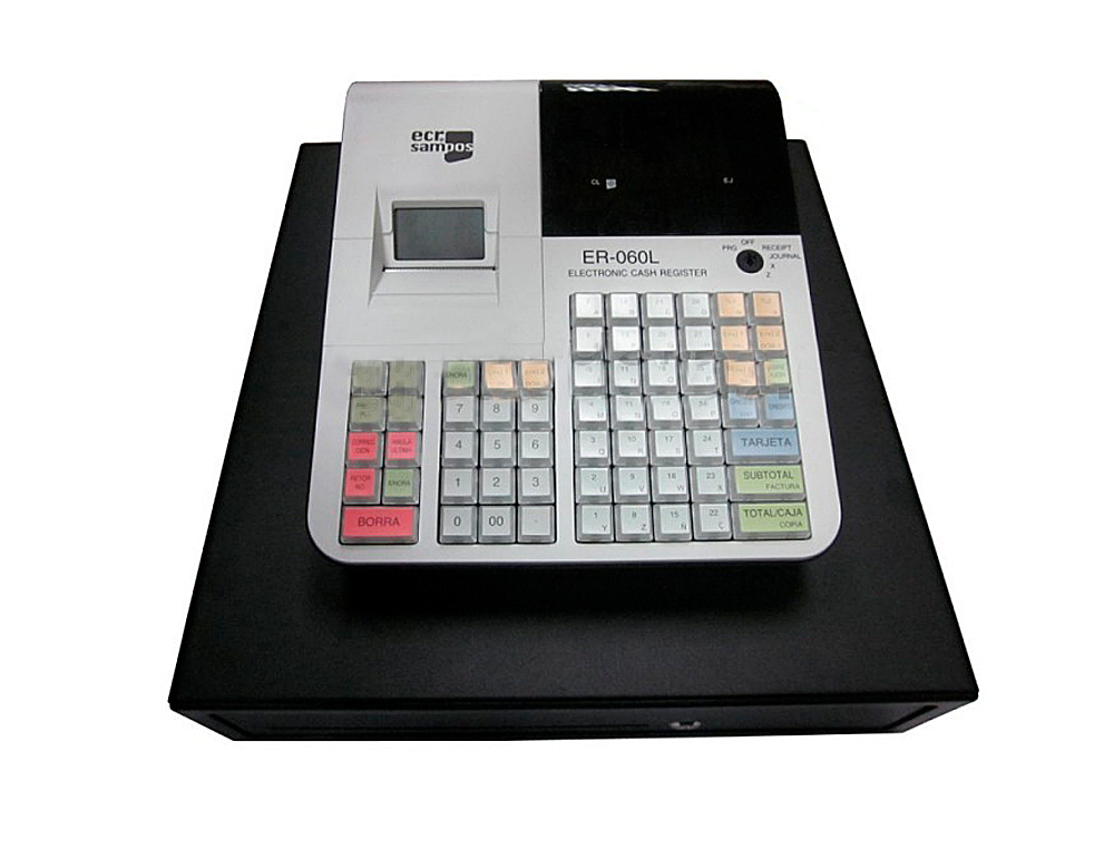 REGISTRADORA ECR SAMPOS ER-60 BLANCA 28 DEPARTAMENTOS DISPLAY VFD ANTIREFLEJOS CONFORME NORMATIVA FACTURA