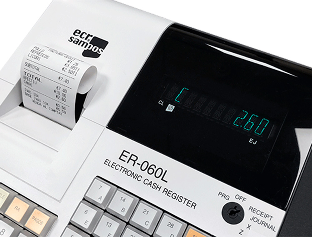 REGISTRADORA ECR SAMPOS ER-60 BLANCA 28 DEPARTAMENTOS DISPLAY VFD ANTIREFLEJOS CONFORME NORMATIVA FACTURA