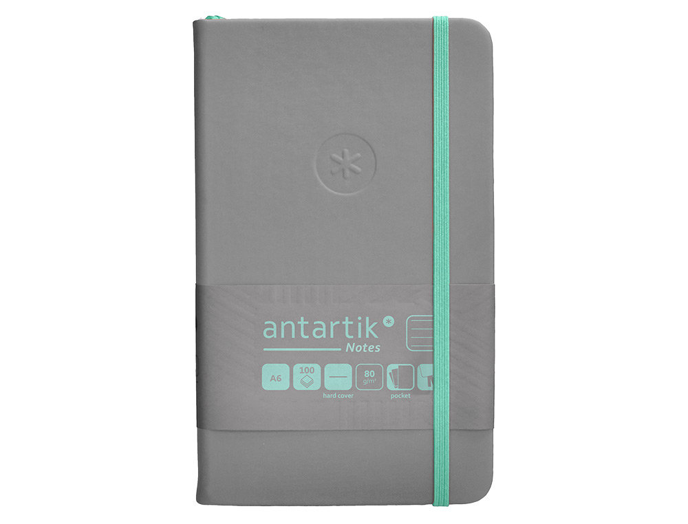 CUADERNO CON GOMILLA ANTARTIK NOTES TAPA DURA A6 HOJAS RAYAS GRIS Y TURQUESA 100 HOJAS 80 GR FSC