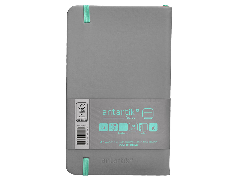 CUADERNO CON GOMILLA ANTARTIK NOTES TAPA DURA A6 HOJAS RAYAS GRIS Y TURQUESA 100 HOJAS 80 GR FSC