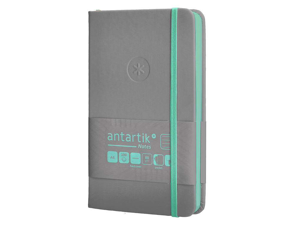 CUADERNO CON GOMILLA ANTARTIK NOTES TAPA DURA A6 HOJAS RAYAS GRIS Y TURQUESA 100 HOJAS 80 GR FSC
