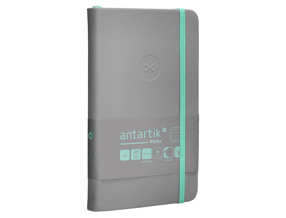 CUADERNO CON GOMILLA ANTARTIK NOTES TAPA DURA A6 HOJAS RAYAS GRIS Y TURQUESA 100 HOJAS 80 GR FSC