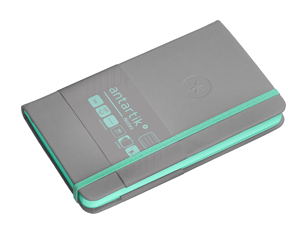 CUADERNO CON GOMILLA ANTARTIK NOTES TAPA DURA A6 HOJAS RAYAS GRIS Y TURQUESA 100 HOJAS 80 GR FSC