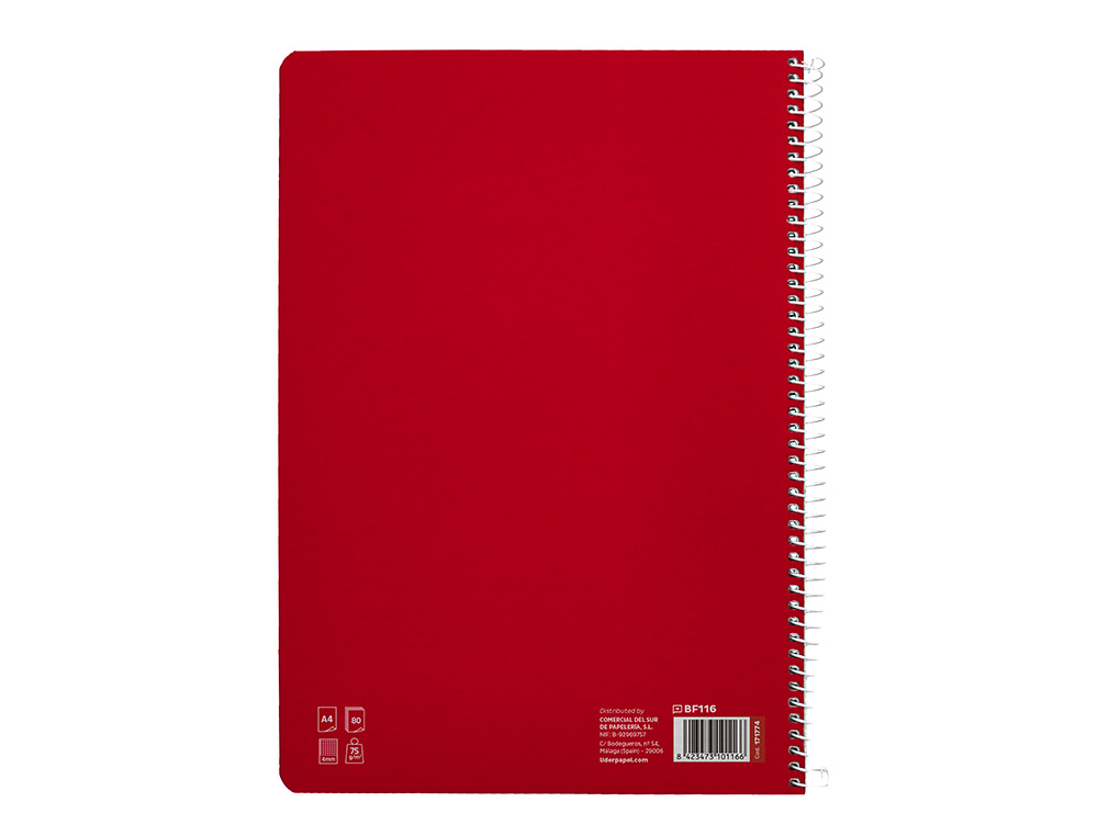 CUADERNO ESPIRAL LIDERPAPEL A4 PAUTAGUIA TAPA BLANDA 80H 75 GR CUADRO PAUTADO 4MM COLOR ROJO
