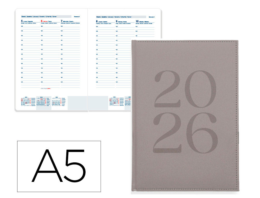 AGENDA ENCUADERNADA LIDERPAPEL CRETA 150X210 MM 2026 SEMANA VISTA GRIS PAPEL 70 GR