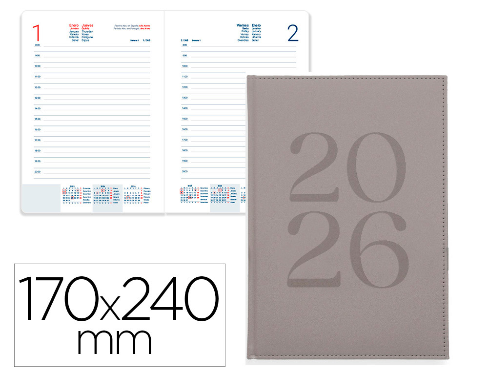 AGENDA ENCUADERNADA LIDERPAPEL CRETA 170X240 MM 2026 DIA PAGINA GRIS PAPEL 70 GR