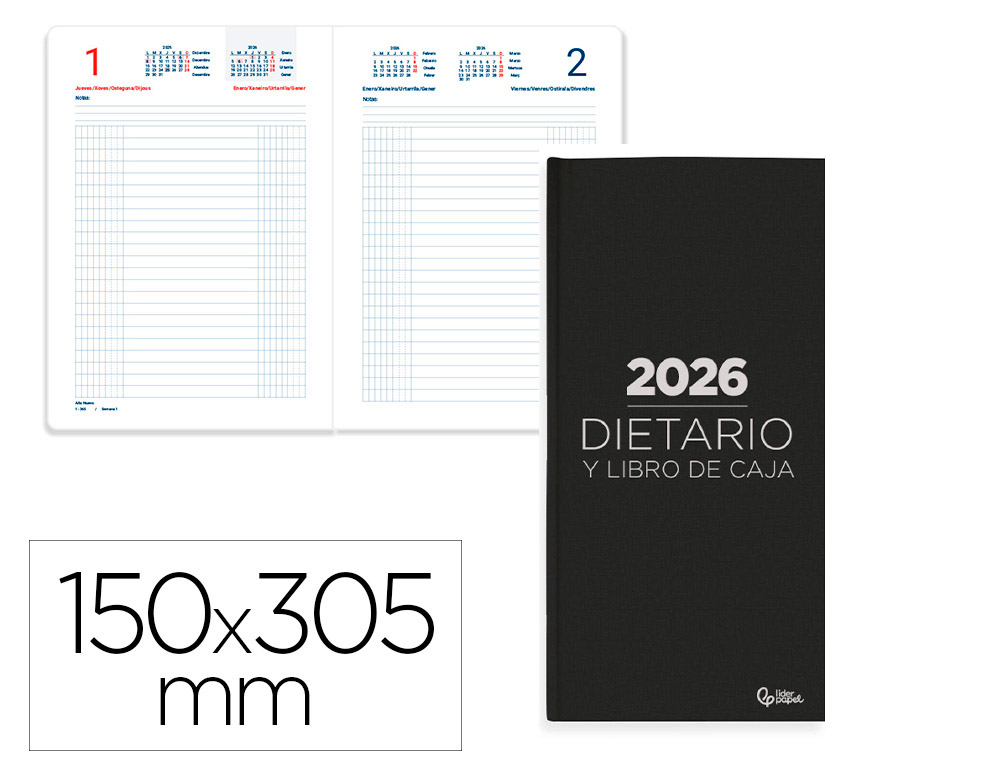 DIETARIO LIDERPAPEL 2026 DOS TERCIOS 150X305 MM DIA PAGINA COLOR NEGRO PAPEL 70 GR FSC