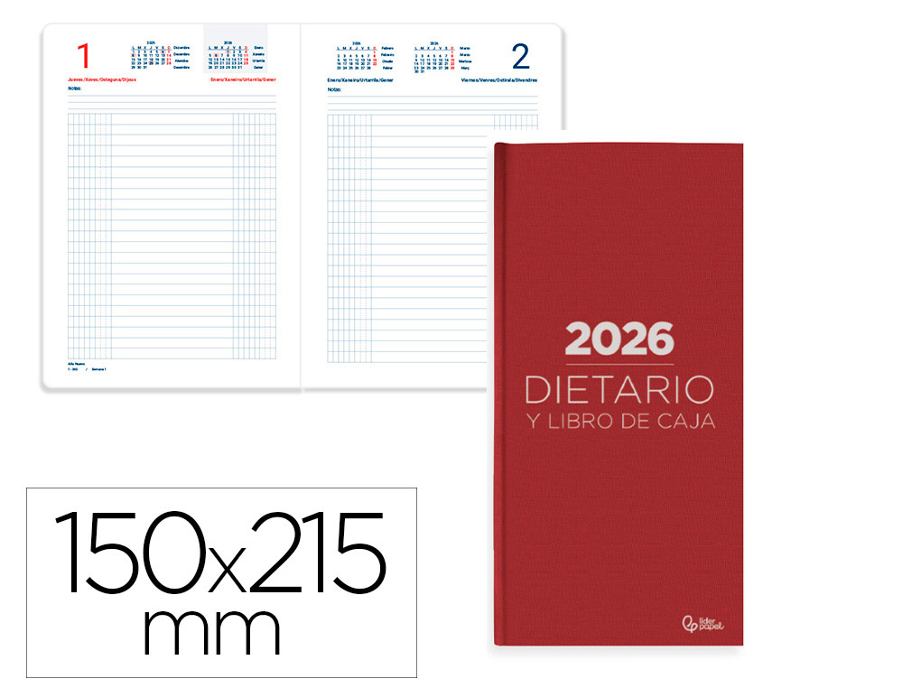 DIETARIO LIDERPAPEL 2026 CUARTO 150X215 MM DIA PAGINA COLOR ROJO PAPEL 70 GR FSC