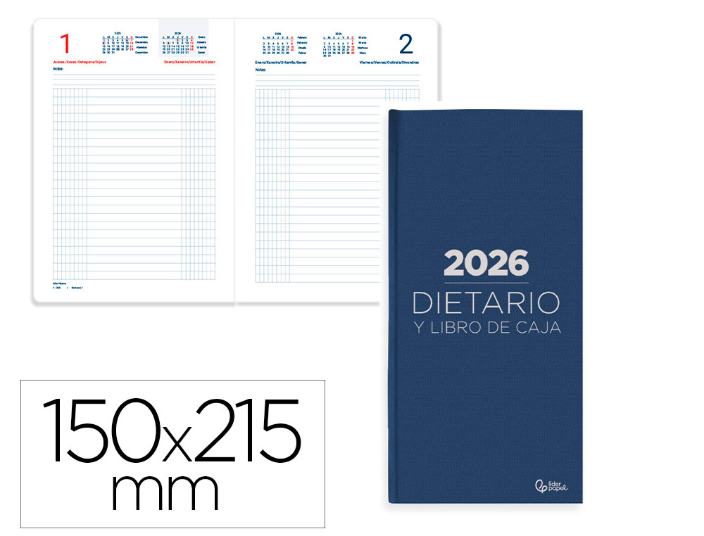 DIETARIO LIDERPAPEL 2026 CUARTO 150X215 MM DIA PAGINA COLOR AZUL PAPEL 70 GR FSC