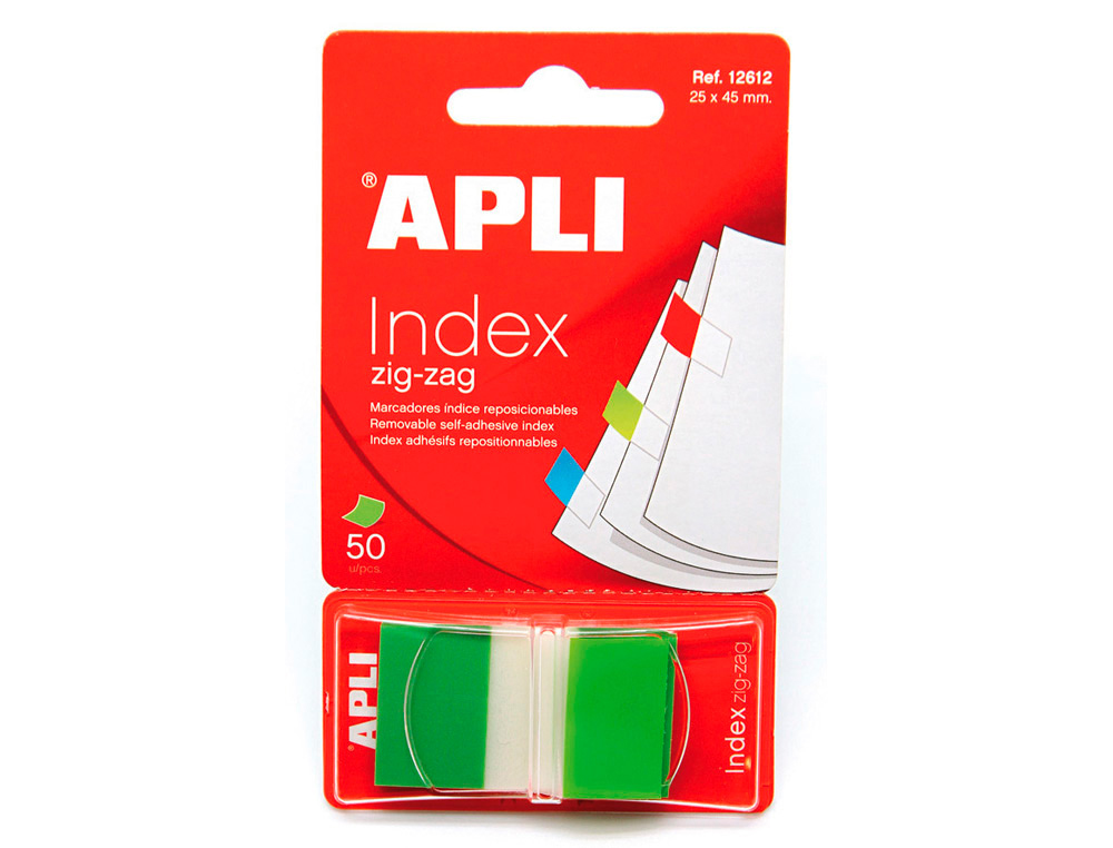 BANDERITAS SEPARADORAS APLI VERDES ZIG-ZAG 45X25 MM DISPENSADOR DE 50 UNIDADES